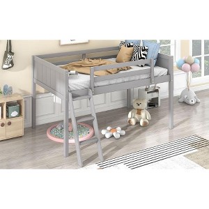 Okak Twin Size Solid Wood Bunk Bed Low Loft Bunk Bed with Convertible Ladder Left/Right & Safety Guardrail for Kids Teens, Easy Assemble, Gray - 1 of 4