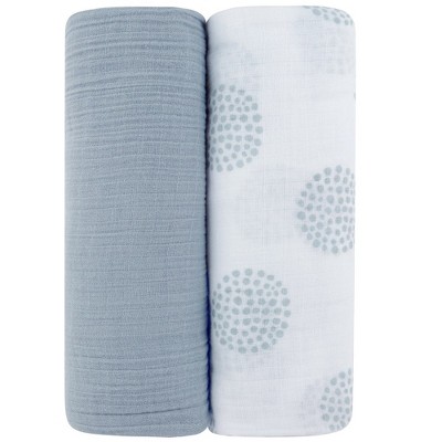 Image of Ely's & Co. Cotton Muslin Swaddle Blanket Misty Blue Dottie 2 Pack