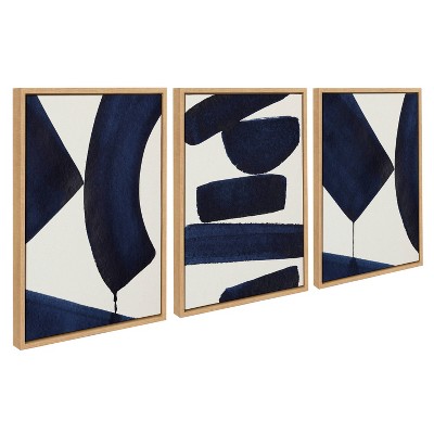 Sylvie Japandi Navy Blue Abstract Canvas Art Set with Natural Frames