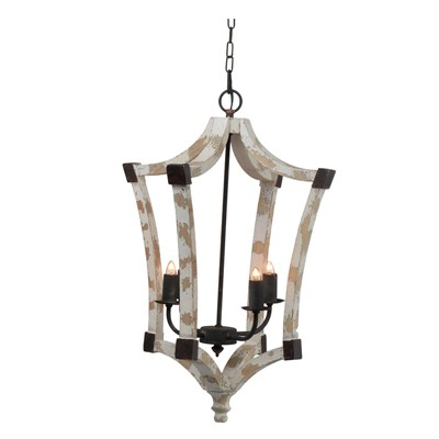 VYNXARIA 4 - Light Heavily Distressed White Farmhouse Ceiling Lights, Hanging Wood Chandelier with Adjustable Chain