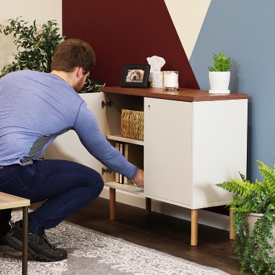 Latte Mid-Century Modern 2-Door Accent Cabinet with Eucalyptus Legs