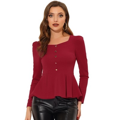 Allegra K Women's Square Neck Blouse Long Sleeve Knit Peplum Top Red Large