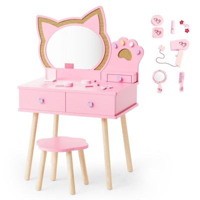 Karl Home Kids Cat Mirror Vanity Makeup Dressing Table with 7 pretend play accessories