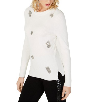 I.N.C International Concepts Womens Brooch Embellished Pullover Sweater, White, X-Large