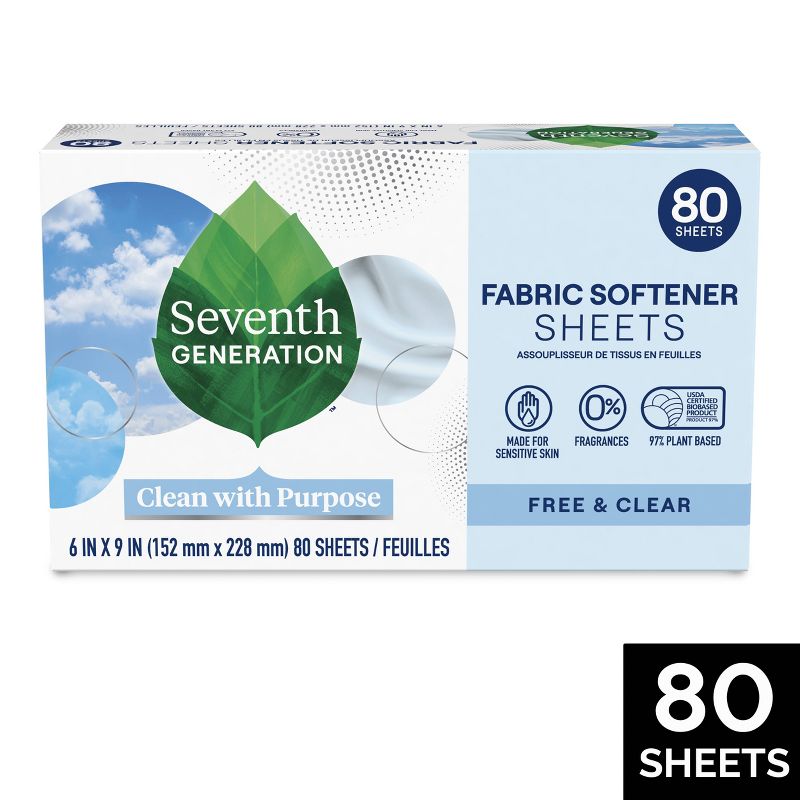 Seventh Generation Fabric Softener Sheets Free &#38; Clear - 80ct, 1 of 8