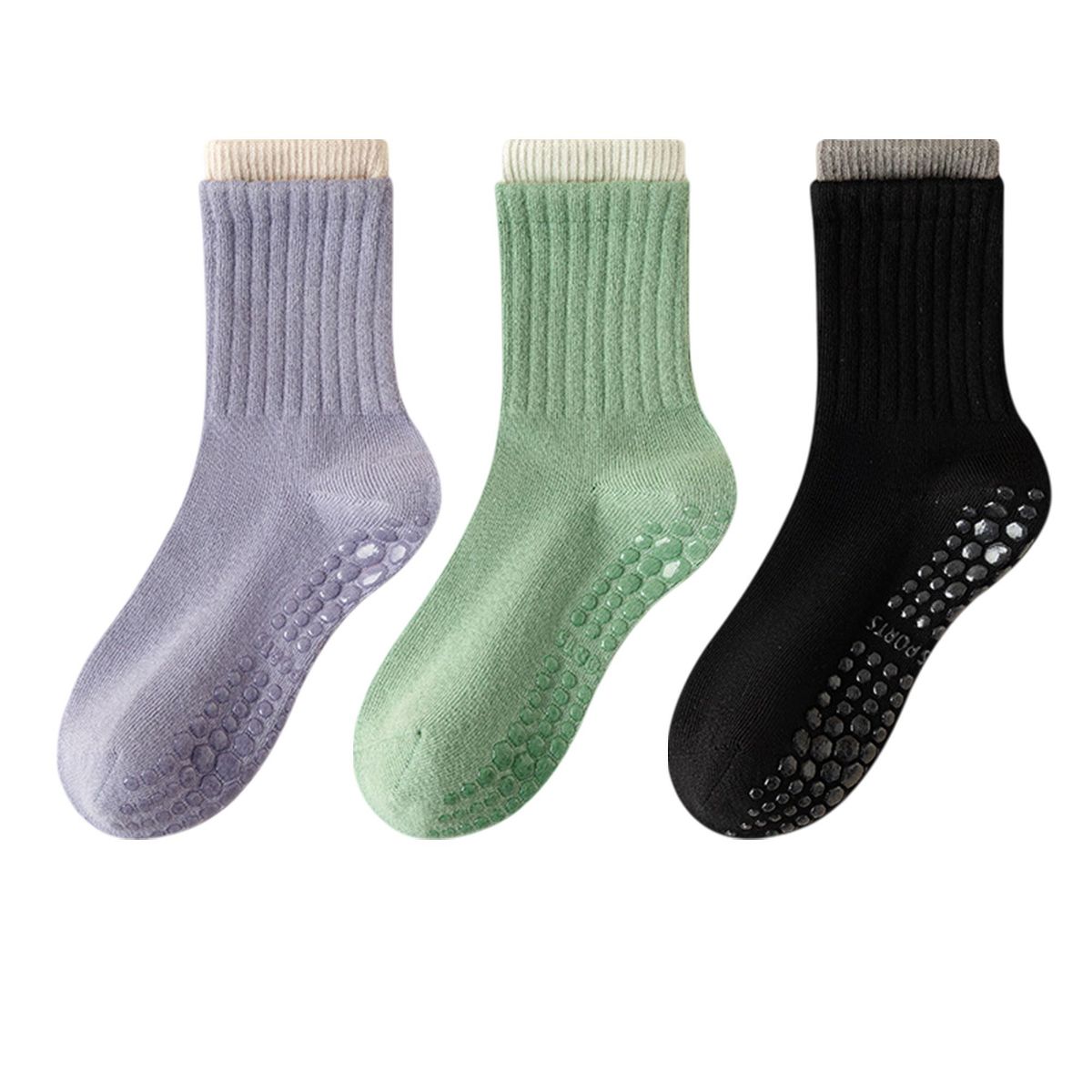 Anna-Kaci Womens Non-Slip Grip Crew Socks 3 Pair Pack Custom Color Combos Soft Ribbed Cotton with 3D Silicone Heel - thumbnail 10