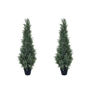 Artificial Topiary Trees, Fake Cedar Trees - Set of 2 Potted Faux Cypress Evergreen Plants, Outdoor/Indoor for Front Porch, Home, Office Decor - 1 of 4