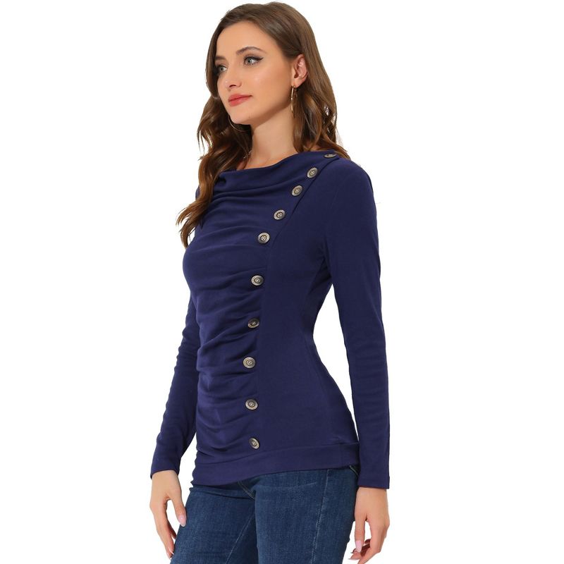 Allegra K Women's Cowl Neck Long Sleeves Buttons Decor Ruched Top, 1 of 7