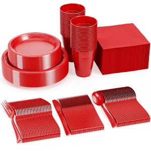 Crown Display 182 Pc Plastic Dinnerware Set: Includes 26 Each of 9''  Plates Disposable, 7'' Dessert Plates, 12oz Cups Napkins & Cutlery - 1 of 4