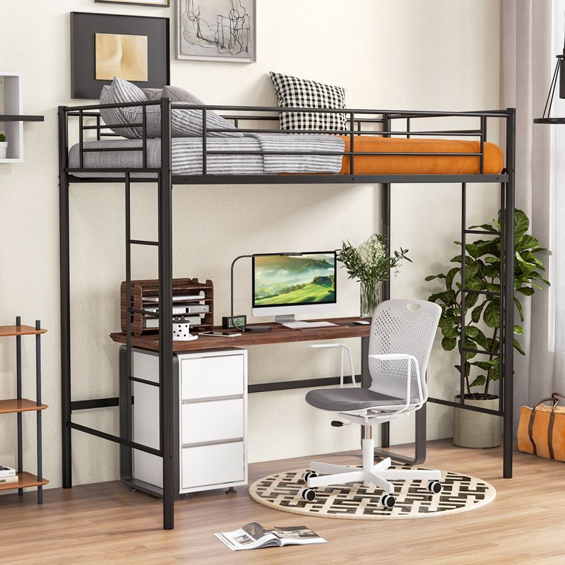 Costway Twin Size Loft Bed Heavy Duty Metal Loft Bed Frame with Safety Guardrail Silver/White/Black, 2 of 11
