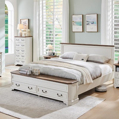 SinCiDo Farmhouse Queen Platform Bed w/Headboard & Storage Bench, Rustic Wood Bed Frame w/64" Storage Chest and 4 Drawers