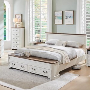 SinCiDo Farmhouse Queen Platform Bed w/Headboard & Storage Bench, Rustic Wood Bed Frame w/64" Storage Chest and 4 Drawers - 1 of 4