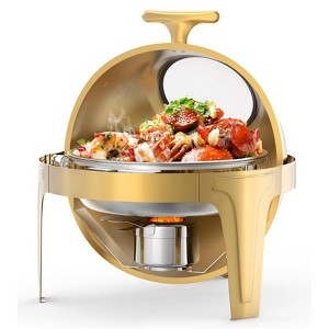 6.3 Qt Round Roll Top Chafing Dish Set - Stainless Steel Buffet Warmer with Glass Window for Catering, Parties & Banquets, Gold Finish - 1 of 4