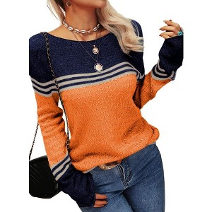 Imily Bela Women's Spring and Autumn Fashion Sweater, Color-Block Lightweight Striped Round Neck Trendy Pullover for Winter - 1 of 4