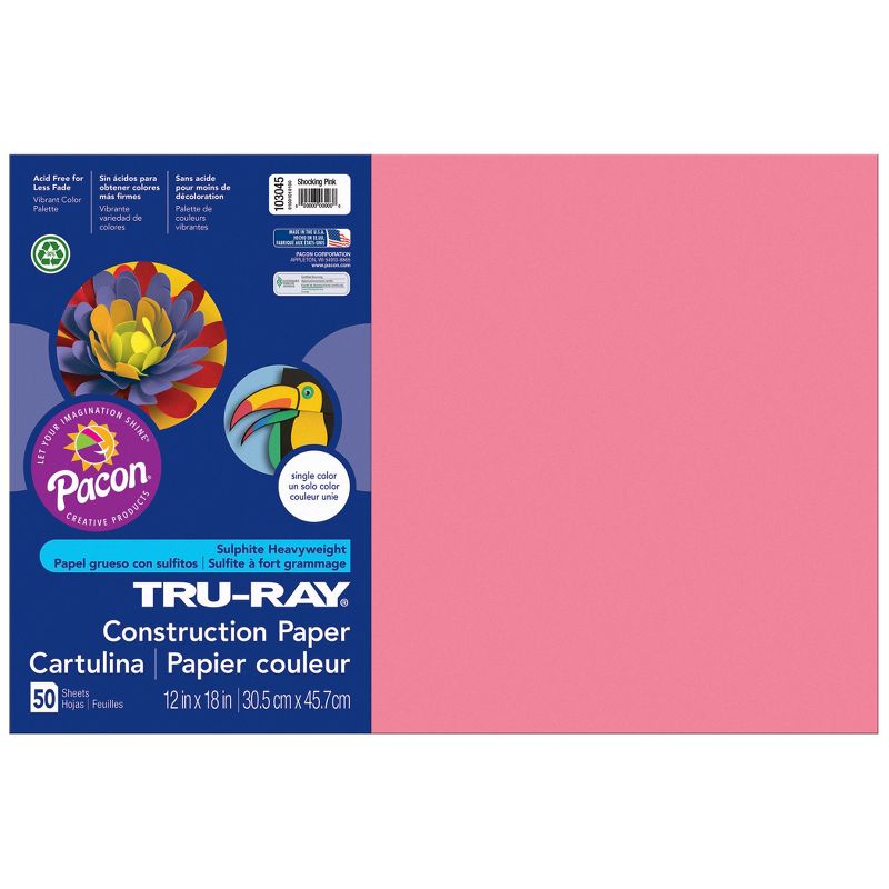 Tru-Ray® Construction Paper, Shocking Pink, 12" x 18", 50 Sheets Per Pack, 5 Packs, 2 of 3