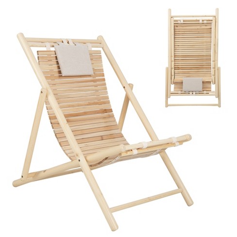 Costway Patio Outdoor Adjustable Folding Wood Sling Chair Reclining Lounge  Assembly Free Natural