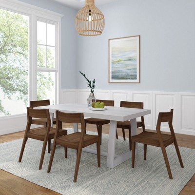 Plank+Beam 72" Classic Solid Wood Dining Table Set, Black Wirebrush, + 6 Chairs