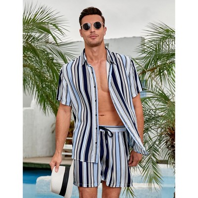 Men's 2 Piece Sets Summer Beach Striped Outfits Casual Short Sleeve T-Shirt and Shorts