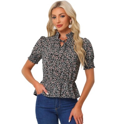 Allegra K Women's Summer Floral Print Ruffle Neck Short Sleeve Peplum Top