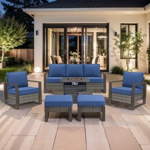 Patio Wicker Furniture Set with Fire Pit Table, 6PCS Patio Conversation Set with Outdoor Fire Table, PE Rattan Patio Chairs with Sofa Ottoman - 1 of 4