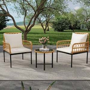Patio Set, 3 Piece Outdoor Bistro Set with Glass Top Coffee Table - 2 Rattan Chairs/Cushions for Porch Backyard Poolside Deck - 1 of 4