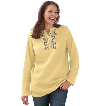 Woman Within Women's Plus Size Embroidered Thermal Henley Tee