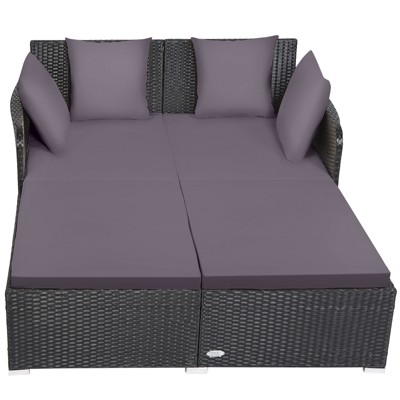 Tangkula Patio Rattan Daybed with 4 Pillows Cushioned Sofa for Outdoor