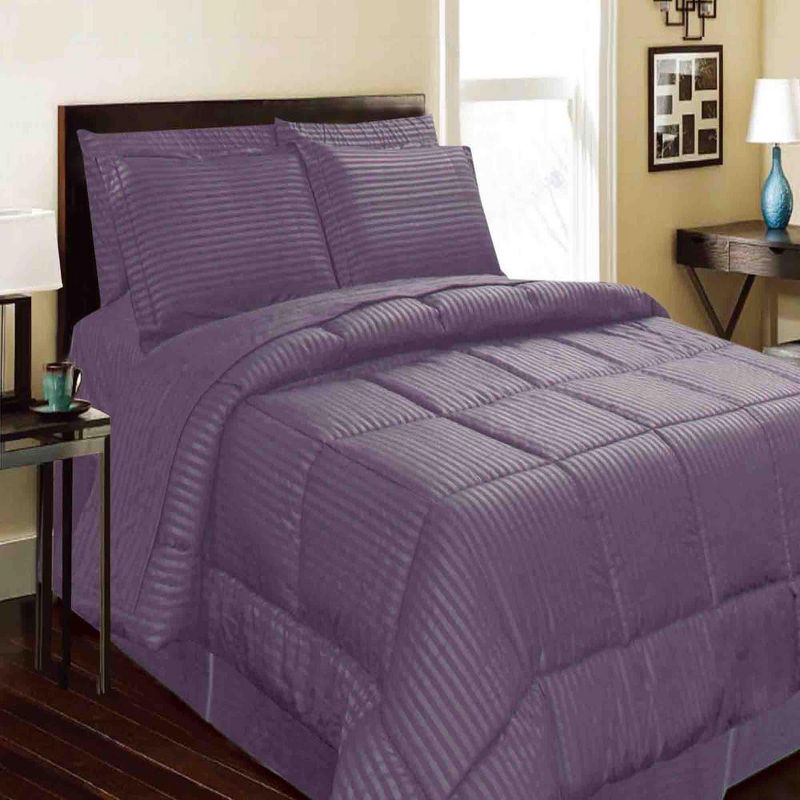 Embossed 8-Pieces Strip High-Quality Microplush Comforter Set Plum by Plazatex, 1 of 5