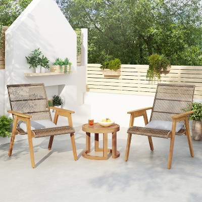 3-Piece Outdoor Acacia Wood Lounge Chairs Set with 2 Woven Wicker Lounge Chairs and 18" Solid Side Table