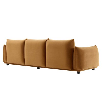 Cognac Plush Performance Velvet 100" Sofa on Solid Wood Legs