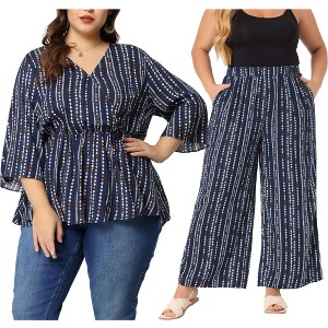 Agnes Orinda Women's Plus Size 2 Pieces Set Boho Stripe V Neck Blouses Elastic Waist Wide Leg Lounge Pants Casual Sets - 1 of 4