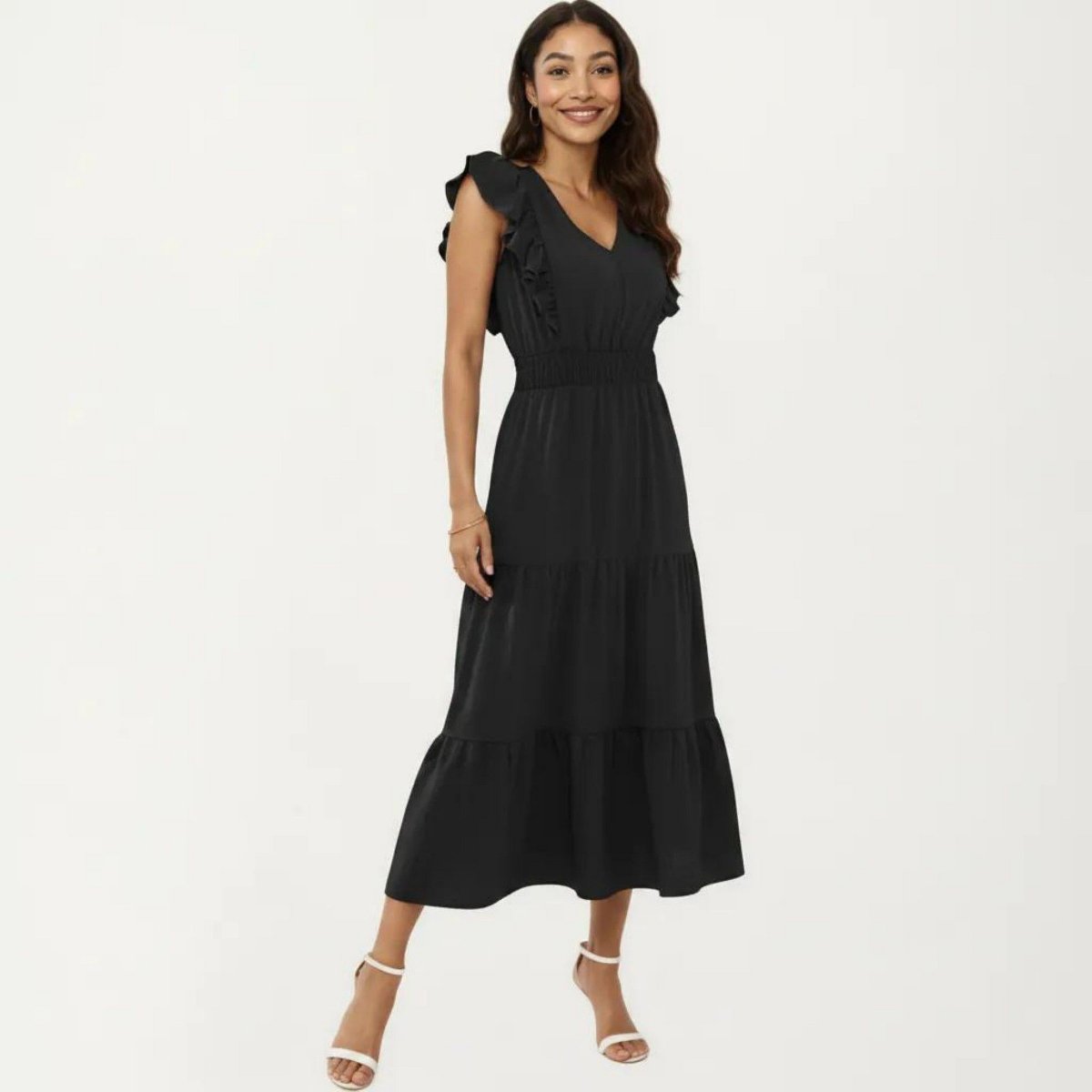 Женские платья Anna-Kaci Women's Tiered Midi Dress with Ruffle Sleeves and Smocked Waist - Small, Black — фото 2