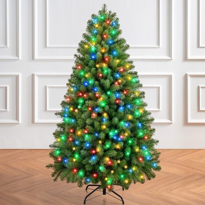 Joyfy 6FT Pre-Lit Artificial Christmas Tree, Hinged Pine Tree ,320 LED Warm White Lights, 10 Lighting Modes, 859 PVC Branch for Holiday Home Decor