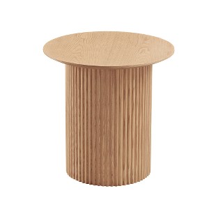 Round Coffee Table, 17.71" Wood Cylindrical Cocktail Table, Vertical Texture Relief Design Side Table W/Tree Stump Shaped Base, Modern Circular Table - 1 of 4