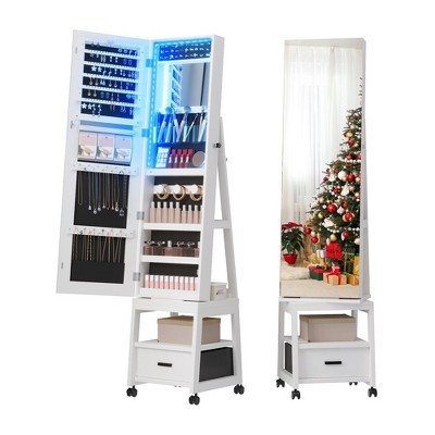 Whizmax 360° Swivel Jewelry Cabinet with LED Lights,Inside Makeup Mirror,Rotatable Full Length Mirror with Jewelry Storage for Bedroom