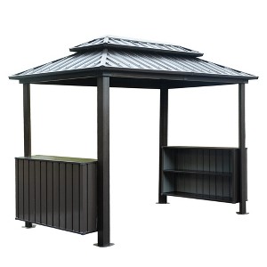 VisioGear Canopies and Gazebos, Hardtop Gazebo with Double Roof, Patio Grill Canopy with 2 Cabinets and Ceiling Hooks, Gray, 128.35"*74.06"*100.51" - 1 of 4