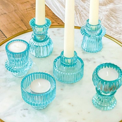 Blue Ribbed Glass Dual-Sided Candlestick and Tealight Holders Set