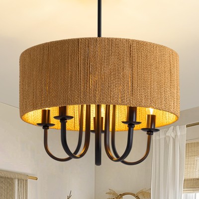 Ludomide 19" Bohemian Rattan Drum Chandelier, 5-Light Round Candle Pendant Light Fixture, Farmhouse Woven Cage Chandelier For Dining Room Bedroom