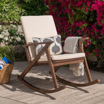 Rustic Acacia Wood Accent Chair, Wood Rocking Chair with Water-Resistant Cushions, Armchair for Porch, Garden or Bedroom -Christopher Knight Home