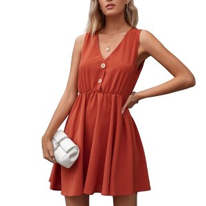 Anna-Kaci Women's Sleeveless Mini Dress with V-Neckline Front Buttons and Elastic Waist - 1 of 4