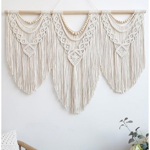 Aoibox Large Boho Macrame Wall Hanging Tapestry, Natural Cotton Cords with Wooden Rod, Ivory Color, 43" W x 32" H, Home Decor - 1 of 4