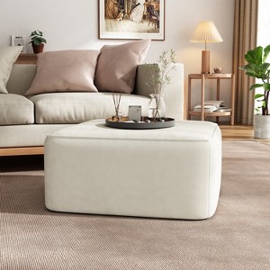 Grungis 16.25"H Square Minimalist Striped Ottoman Foot Rest, Velvet Multifunctional Footstool for Living Room, Bedroom, Cream - 1 of 4