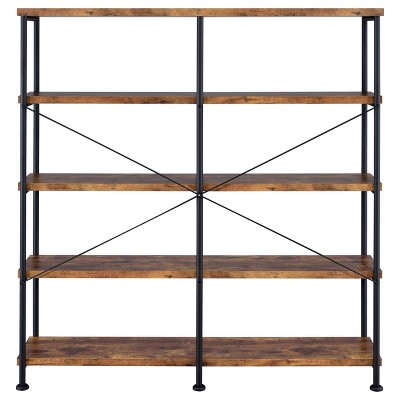 Contemporary 60'' Black and Antique Nutmeg Double Wide Bookcase