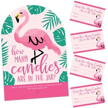 Big Dot of Happiness Pink Flamingo - Party Like a Pineapple - How Many Candies Tropical Summer Party Game - 1 Stand and 40 Cards - Candy Guessing Game