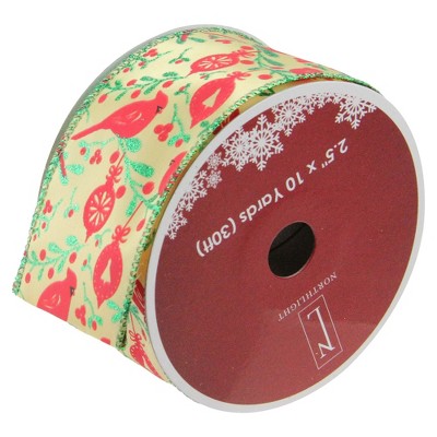 Northlight Club Pack of 12 Green and Ivory Cardinals Wired Christmas Craft Ribbon Spools 2.5" x 10 Yards