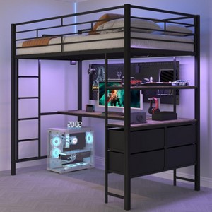 VINGLI Twin Metal Loft Bed with 15 Inches Guardrail/desk/Non-Slip Ladder/2 Charging Stations/Storage Shelve,4 Drawers,LED,No Box Spring Needed, Black - 1 of 4
