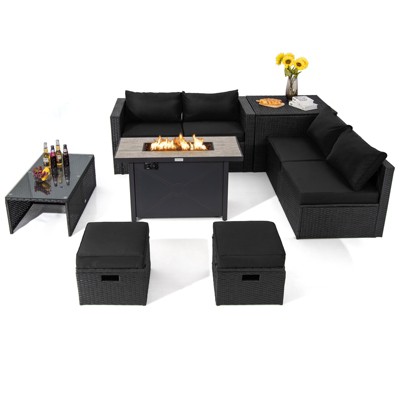 Tangkula 9 PCS Outdoor PE Rattan Wicker Sectional Sofa with 42" 60,000 BTU Gas Fire Pit Table Space-Saving Conversation Set with Storage Box Black/Grey/Navy Blue/Red/Turquoise/Off White