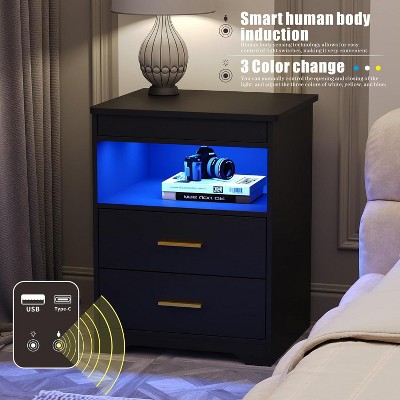 Fredees Night Stand with Drawer, Charging Bedside Table with USB & Type-C Port, LED Nightstand with Human Sensor Light.