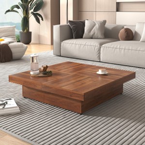 39.4'' Square Coffee Table with Storage, Modern Marble Veneer Table for Living Room with Sliding Top Design, Hidden Compartment - Cuddlewood - 1 of 4