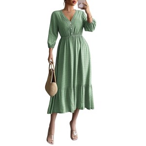 Garvee Women's Summer Maxi Dresses 3/4 Sleeve V Neck High Waist Flowy Ruffle Vacation Long Dresses Green M